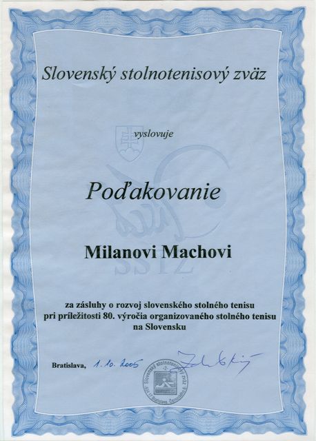 Poakovanie Milanovi Machovi za zsluhy o rozvoj slovenskho stolnho tenisu